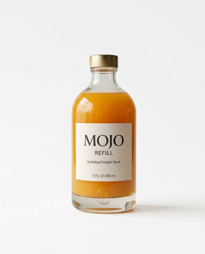 Mojo Refill bottle, 12 fl oz, filled with a naturally golden hydrating energetic boost drink